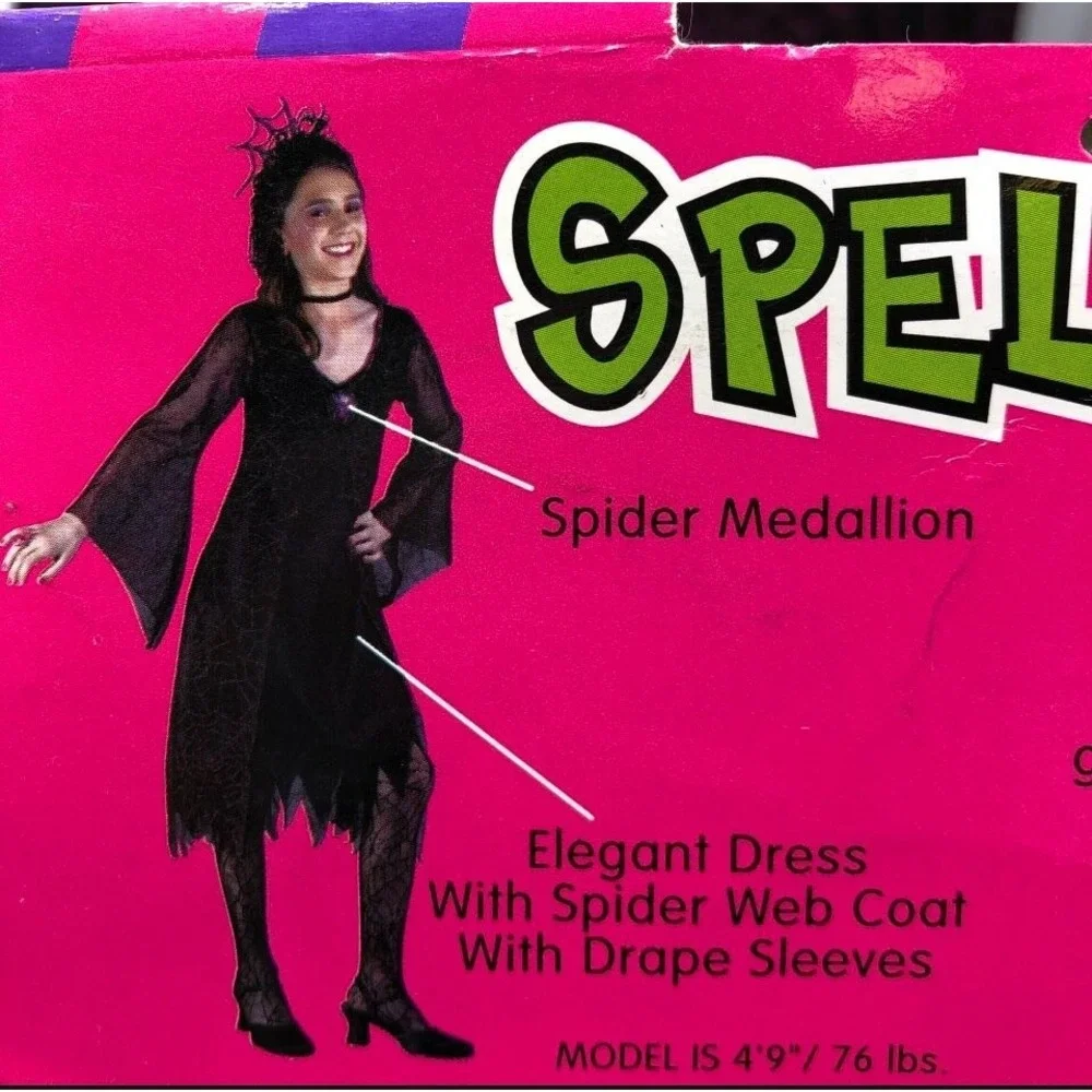 Spell Spinner Kids Size 4-6 Witch Halloween Costume Dress Web Coat Spider Medall